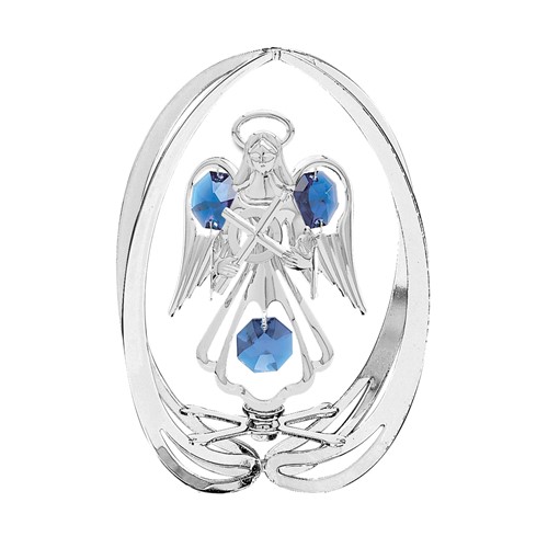 Chrome Plated Angel w/ Cross in Ellipse Sun Catcher w/Blue Swarovski Element