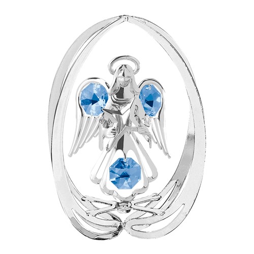 Chrome Plated Angel w/Star in Ellipse Sun Catcher/Blue Swarovski Element Crystal