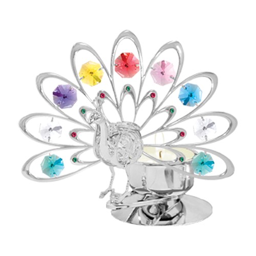 Chrome Plated Deluxe Peacock Tea Light Candle Holder W/Swarovski | Mascot USA
