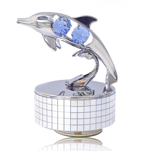 Chrome Plated Dolphin Music Box w/Blue Swarovski Element Crystal