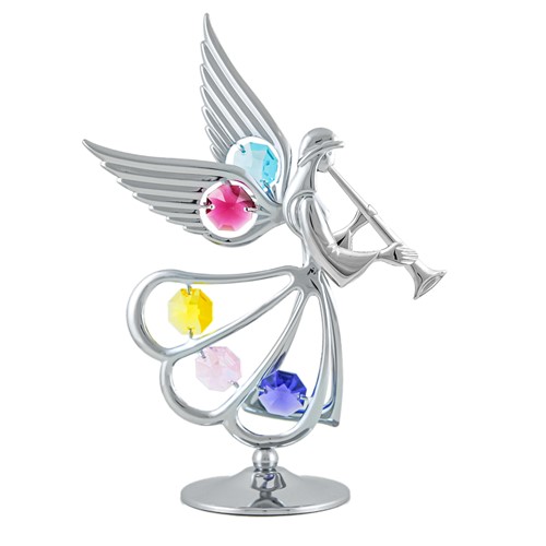Chrome Plated Angel with Trumpet on Stand w/ Swarovski Element (Blue/Mixed)