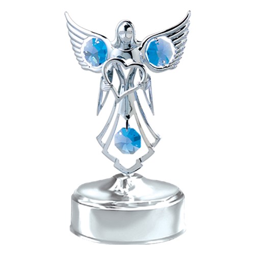 Chrome Plated Angel with Heart Music Box w/Blue Swarovski Element Crystal