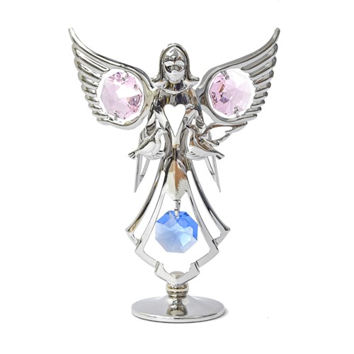 Chrome Plated Angel with Doves on Stand w/ Swarovski Element Crystal (12 Colors)