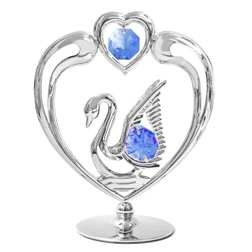 Chrome Plated Swan in Heart on Stand w/Blue Swarovski Element Crystal