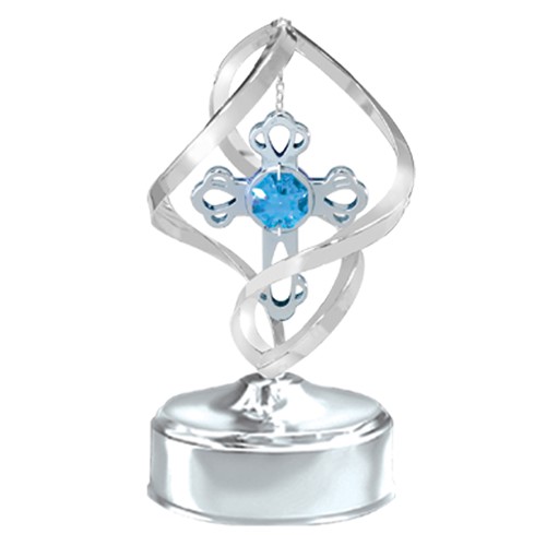 Chrome Plated Cross Spiral Music Box w/Swarovski Element Crystal (Blue/Purple)