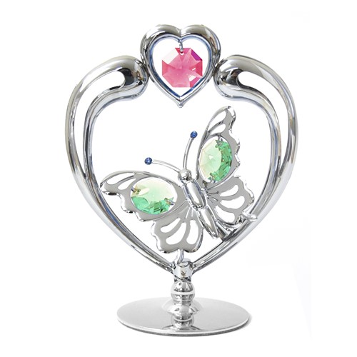 Chrome Plated Butterfly In Heart On Stand/ Swarovski | Mascot USA
