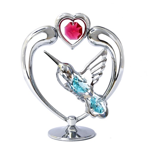 Chrome Plated Hummingbird In Heart On Stand W/ Swarovski | Mascot USA