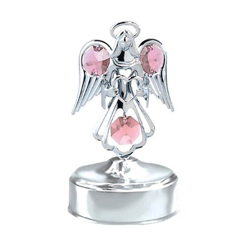 Chrome Plated Mini Angel with Heart Music Box w/Swarovski Element (Green/Pink)