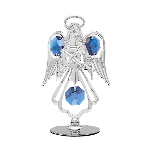 Chrome Plated Mini Angel with Cross on Stand w/Blue Swarovski Element Crystal