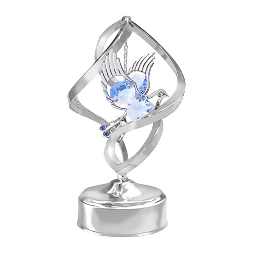 Chrome Plated Dove Spiral Music Box w/Blue Swarvski Element Crystal