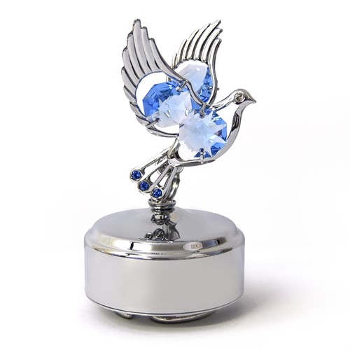 Chrome Plated Dove Music Box w/Blue Swarovski Element Crystal