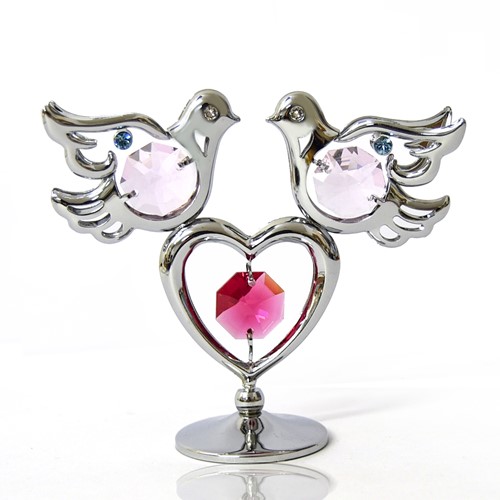 Chrome Plated Twin Doves W/Heart On Stand W/Swarovski | Mascot USA
