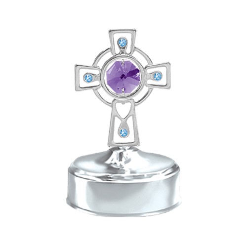 Chrome Plated Celtic Cross Music Box w/Swarovski Element (Blue/Green/Purple)