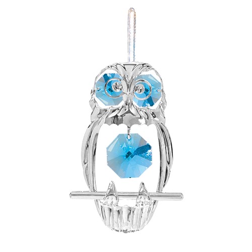 Chrome Plated Spotted Owl Ornament w/Blue Swarovski Element Crystal