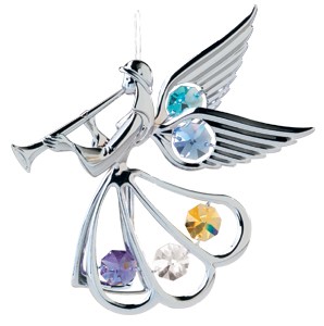 Chrome Plated Angel w/Trumpet Ornament w/Swarovski Element Crystal (Blue/Mixed)