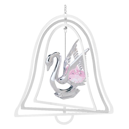 Chrome Plated Swan Bell Ornament w/Pink Swarovski Element Crystal