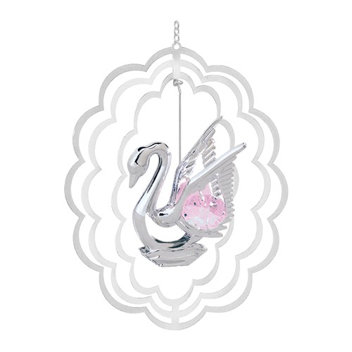 Chrome Plated Swan Oval Ornament w/Pink Swarovski Element Crystal