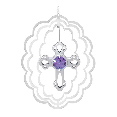 Chrome Plated Cross Oval Ornament w/Purple Swarovski Element Crystal