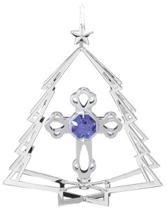 Chrome Plated Cross in Tree Ornament w/Swarovski Element Crystal (Blue/Purple)