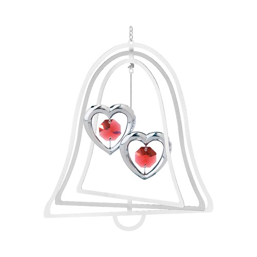 Chrome Plated Twin Hearts Bell Ornament w/Red Swarovski Element Crystal