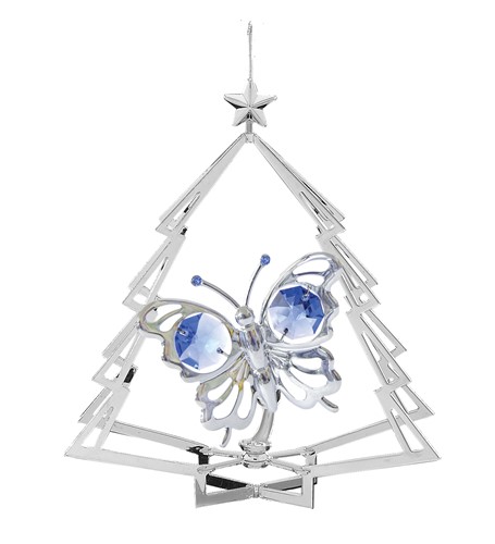 Chrome Plated Butterfly in Tree Ornament w/Swarovski Element Crystal