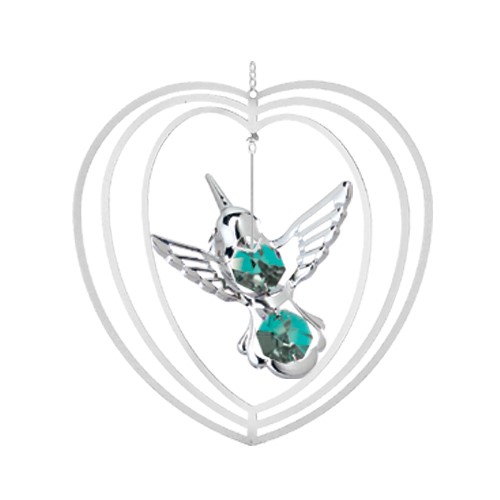 Chrome Plated Hummingbird Heart Shape Ornament w/ Swarovski Crystals (2 Colors)