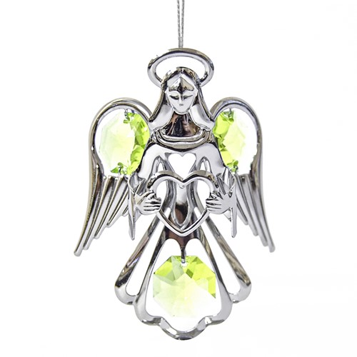 Chrome Plated Angel w/Heart Ornament w/Swarovski Element Crystal (Pink/Green)