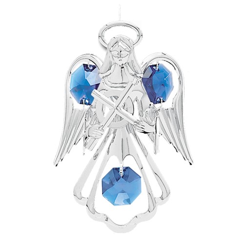Chrome Plated Angel w/Cross Ornament w/Blue Swarovski Element Crystal