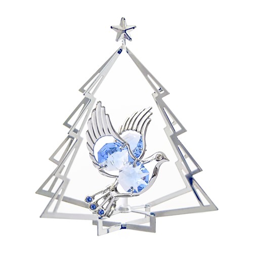 Chrome Plated Dove in Tree Ornament w/Blue Swarovski Element Crystal
