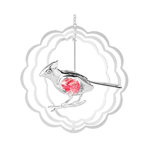 Chrome Plated Cardinal Circle Ornament w/Red Swarovski Element Crystal
