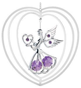 Chrome Plated Angel Heart Shape Ornament w/Purple Swarovski Element Crystal