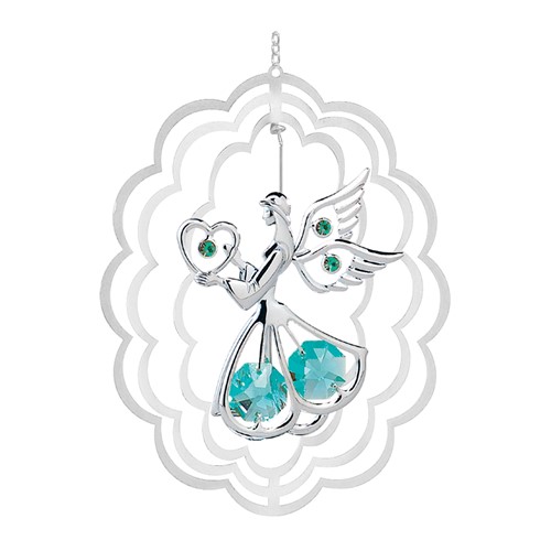 Chrome Plated Angel w/Heart Oval Ornament w/Green Swarovski Element Crystal