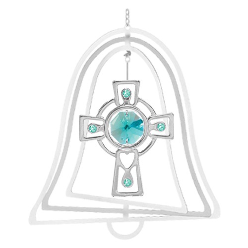 Chrome Plated Celtic Cross Bell Ornament w/Green Swarovski Element Crystal
