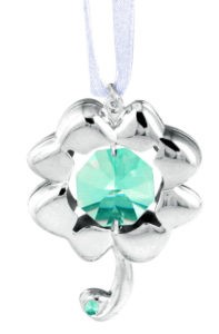 Chrome Plated 4 Leaf Lucky Clover Ornament with Green Swarovski Element Crystal