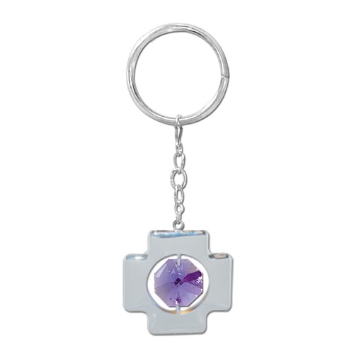 Chrome Plated Cross Icon Key Chain w/Purple Swarovski Element Crystal