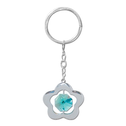 Chrome Plated Flower Icon Key Chain w/Green Swarovski Element Crystal