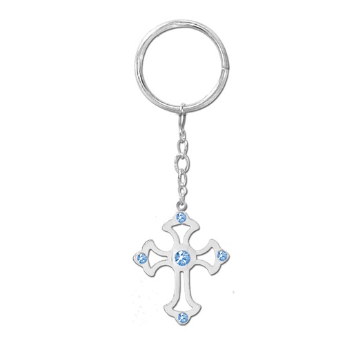 Chrome Plated Cross Icon Key Chain w/Swarovski Element Crystal