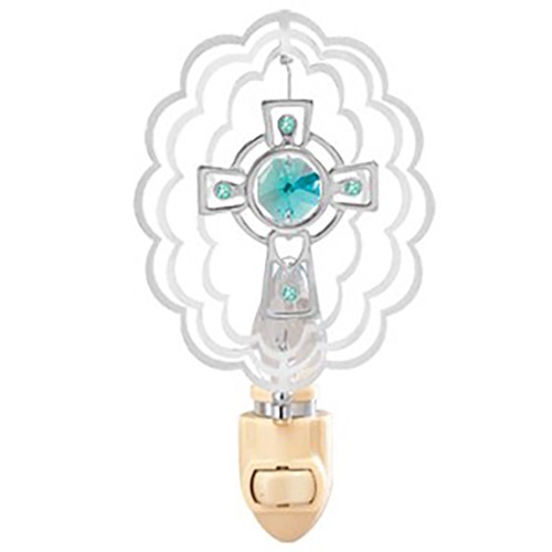 Chrome Plated Celtic Cross in Oval Night Light w/Green Swarovski Element Crystal