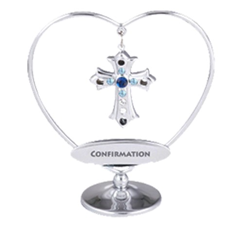 Chrome Plated Cross in Heart/"Confirmation" on Stand w/Swarovski Element Crystal