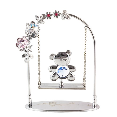 Chrome Plated Bear On Swing On Stand W/Swarovski | Mascot USA