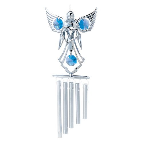 Chrome Plated Angel with Heart Wind Chimes/Swarovski Element (Blue/Purple/Red)