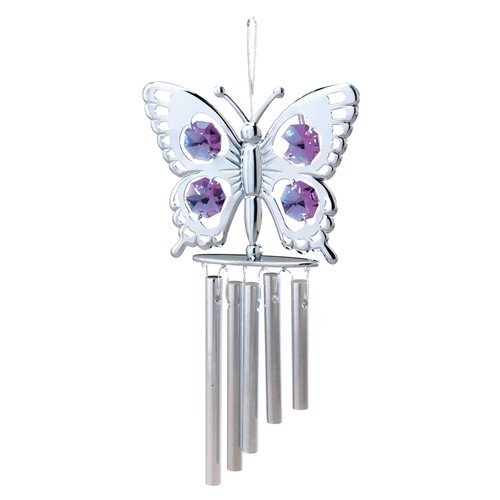 Chrome Plated Butterfly Wind Chime w/Swarovski Element (Mixed/Blue/Purple)