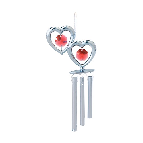 Chrome Plated Twin Hearts Wind Chimes/Swarovski Element Crystal (Blue/Pink/Red)