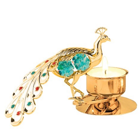 24K Gold Plated Peacock Tea Light Candle Holder W/Swarovski | Mascot USA