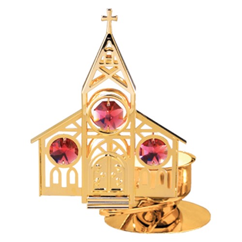 24k Gold Plated Church Tea Light Candle Holder w/Red Swarovski Element Crystal