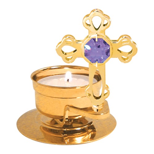 24k Gold Plated Cross Tea Light Candle Holder w/Swarovski Element (Blue/Purple)