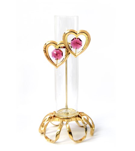 24K Gold Plated Twin Hearts Vase / Rooter W/Red Swarovski  | Mascot USA