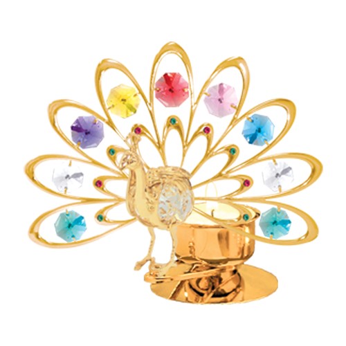 24K Gold Deluxe Peacock Tea Light Candle Holder W/Swarovski | Mascot USA