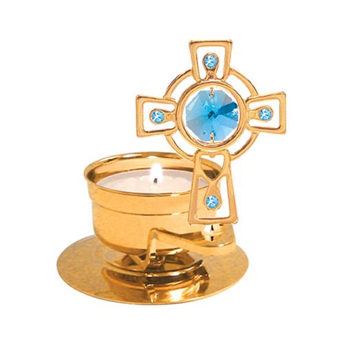 24k Gold Celtic Cross T-Light Candle Hldr/Swarovski Element (Blue/Green/Purple)