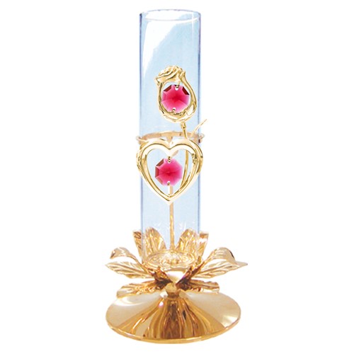 24K Gold Plated Rose/Heart Vase Ornament W/Red Swarovski | Mascot USA
